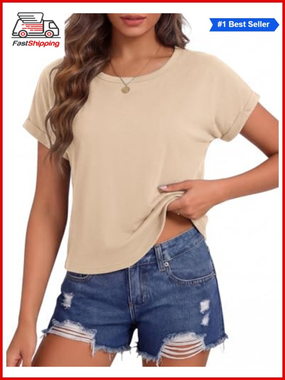 ✨ Womens Crop Top Short Sleeve Crewneck Rolled Cuff Boxy Tee Casual Summer